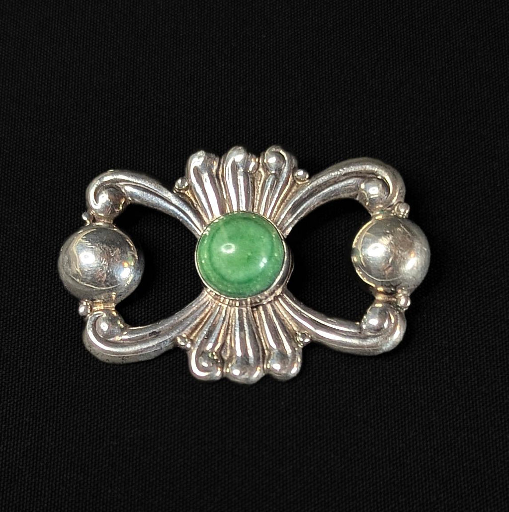 Vintage Mexico Sterling Silver and Green Malachite Cabochon Brooch