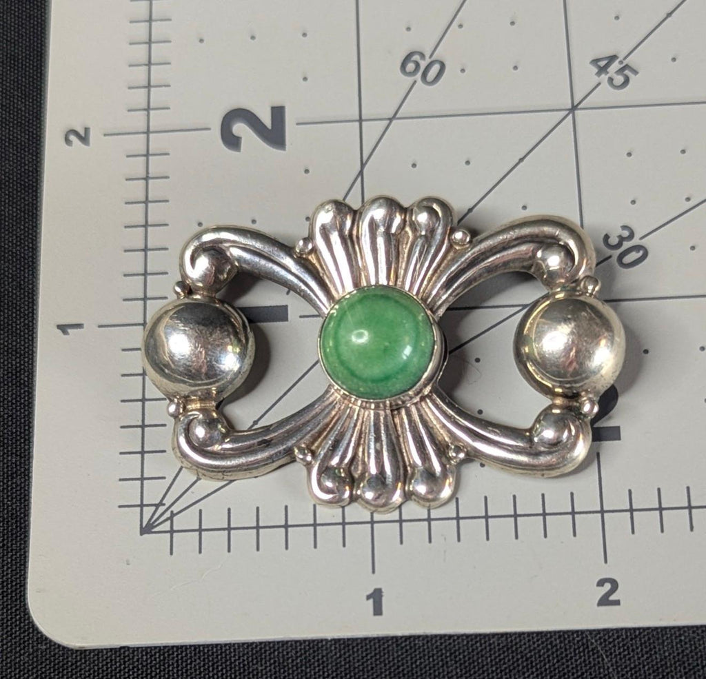 Vintage Mexico Sterling Silver and Green Malachite Cabochon Brooch