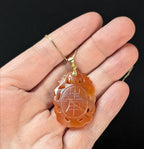 Vintage Carved Carnelian Pendant: Shou Longevity Symbol, Gold Over Sterling
