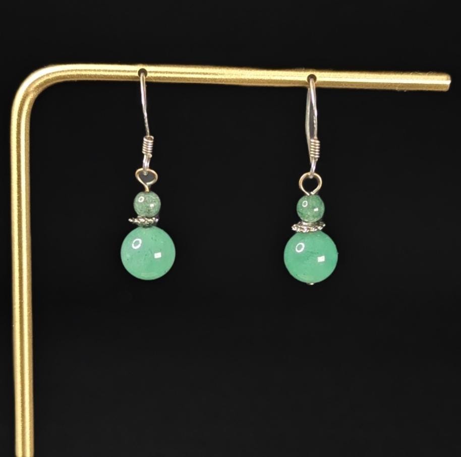 Vintage Polished Green Aventurine and sterling silver drop earrings.