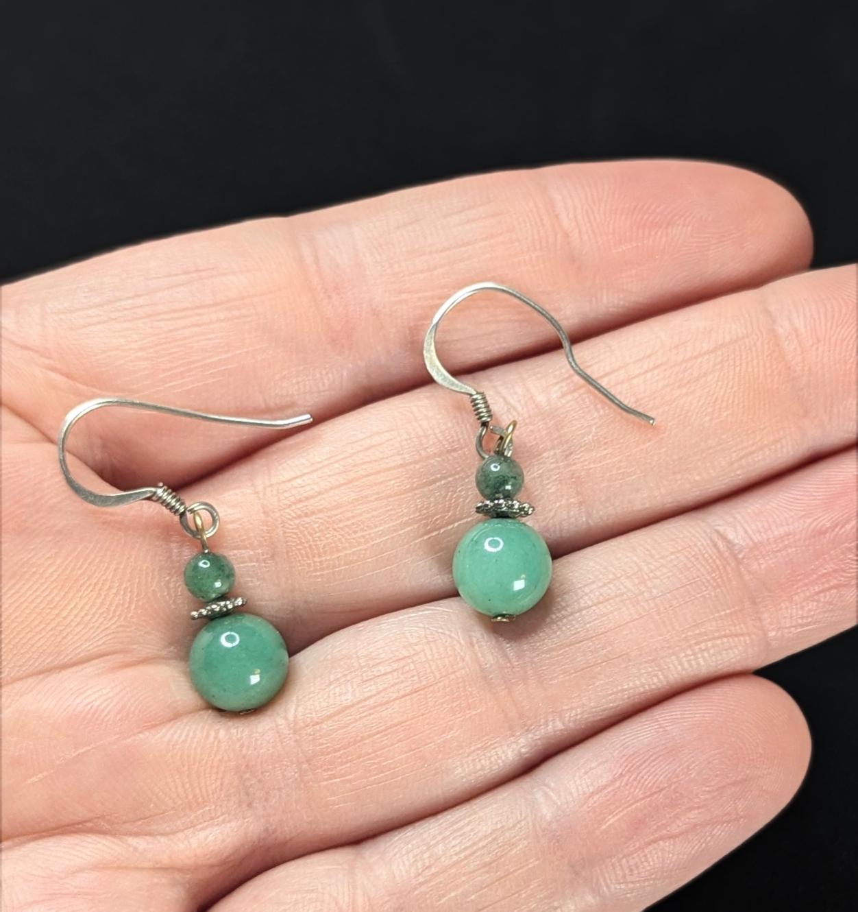 Vintage Polished Green Aventurine and sterling silver drop earrings.