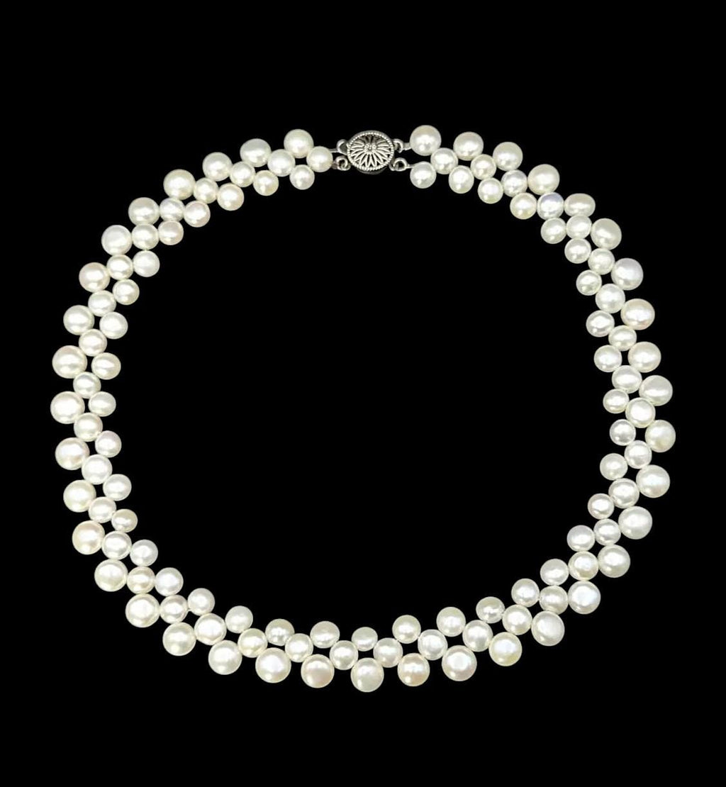 Vintage Triple Strand Button Pearl Collar Necklace 14K GF Clasp