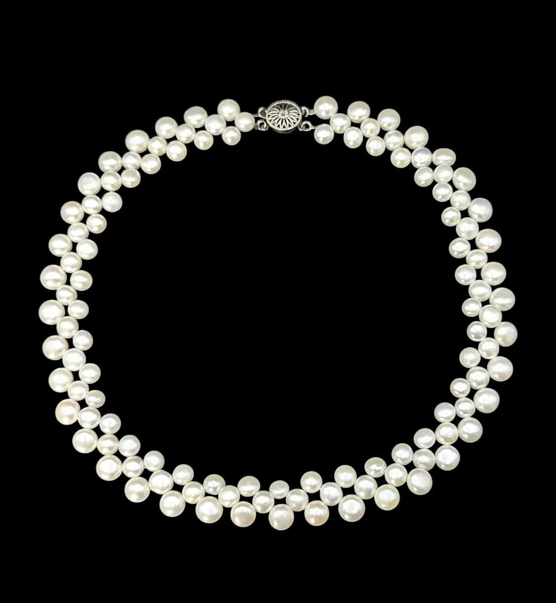 Vintage Triple Strand Button Pearl Collar Necklace 14K GF Clasp