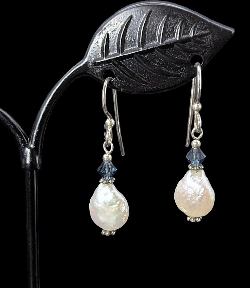 Sterling Silver and Coin Pearl Earrings with Blue Crystal Accents