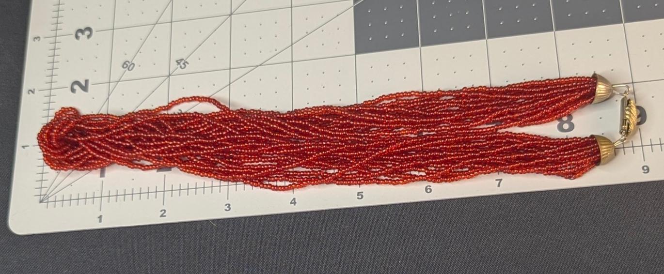 Vintage Red Glass Beaded Multi Strand Necklace with Brass Closure