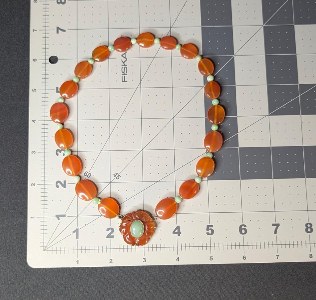 Vintage Carnelian, Jade, & 14k Gold Necklace, Estate Statement Choker