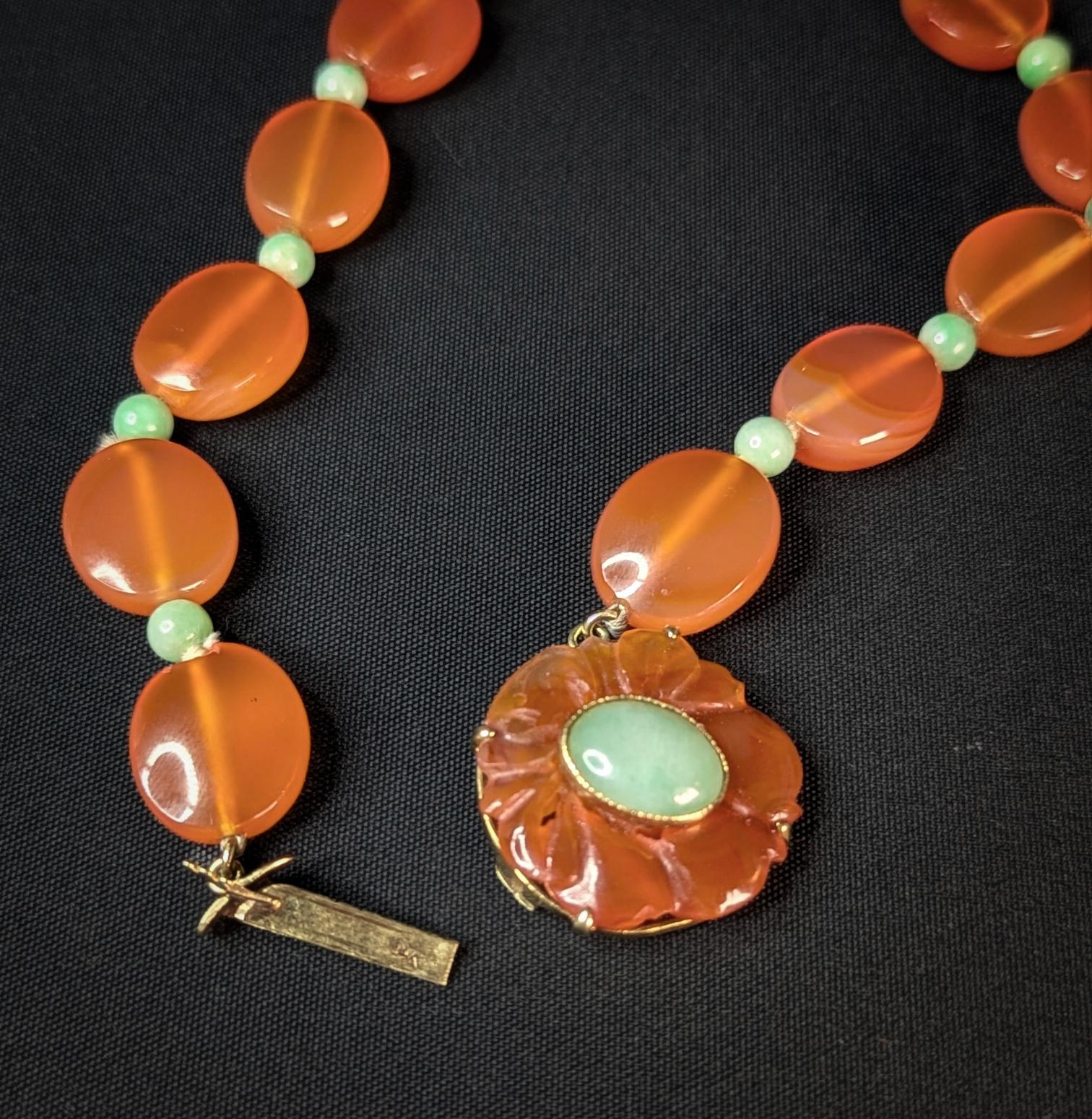 Vintage Carnelian, Jade, & 14k Gold Necklace, Estate Statement Choker