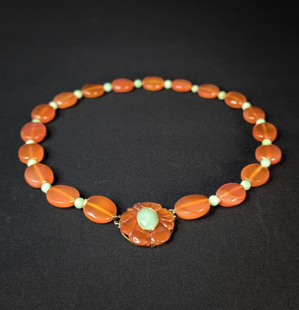 Vintage Carnelian, Jade, & 14k Gold Necklace, Estate Statement Choker