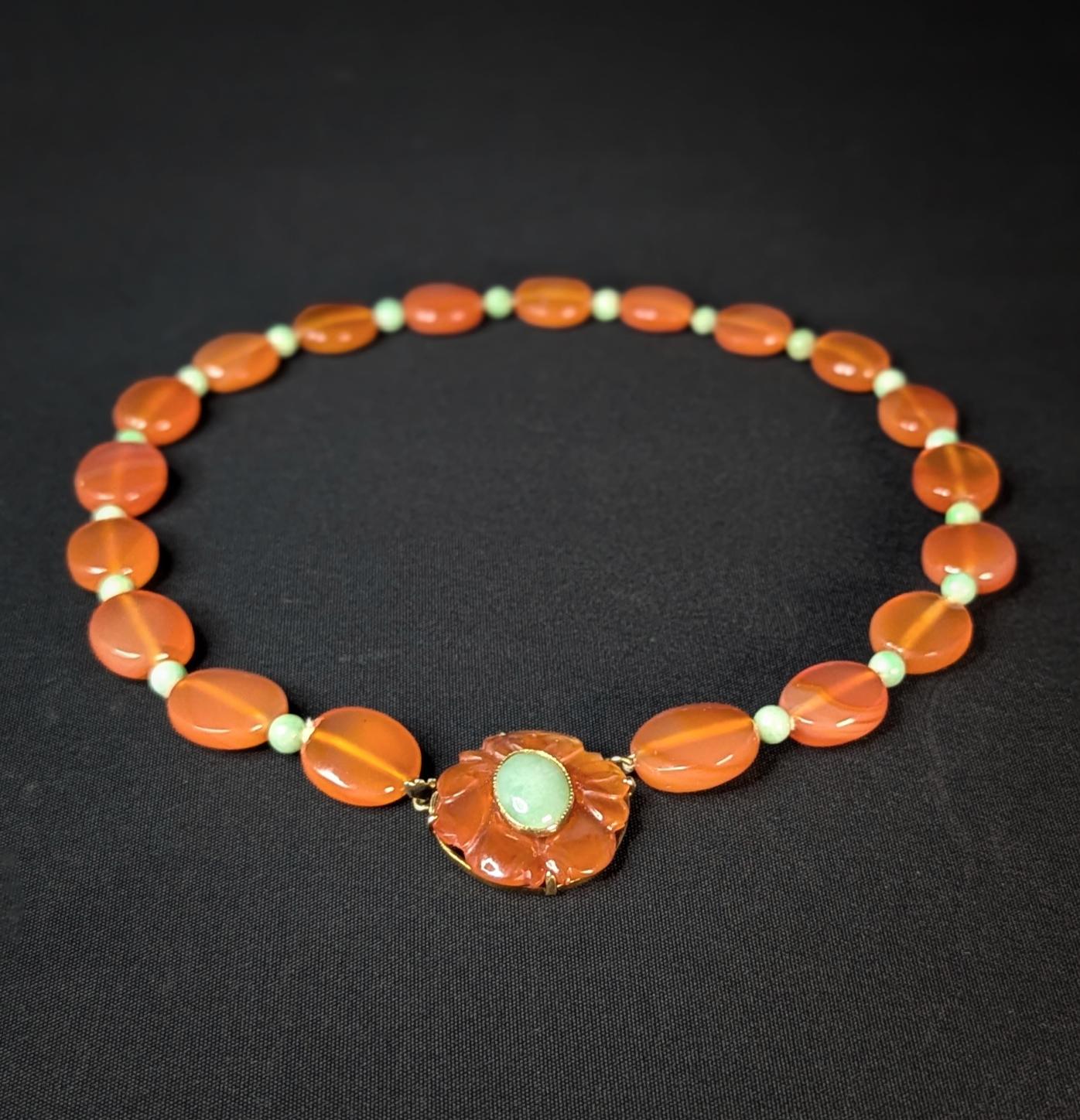 Vintage Carnelian, Jade, & 14k Gold Necklace, Estate Statement Choker
