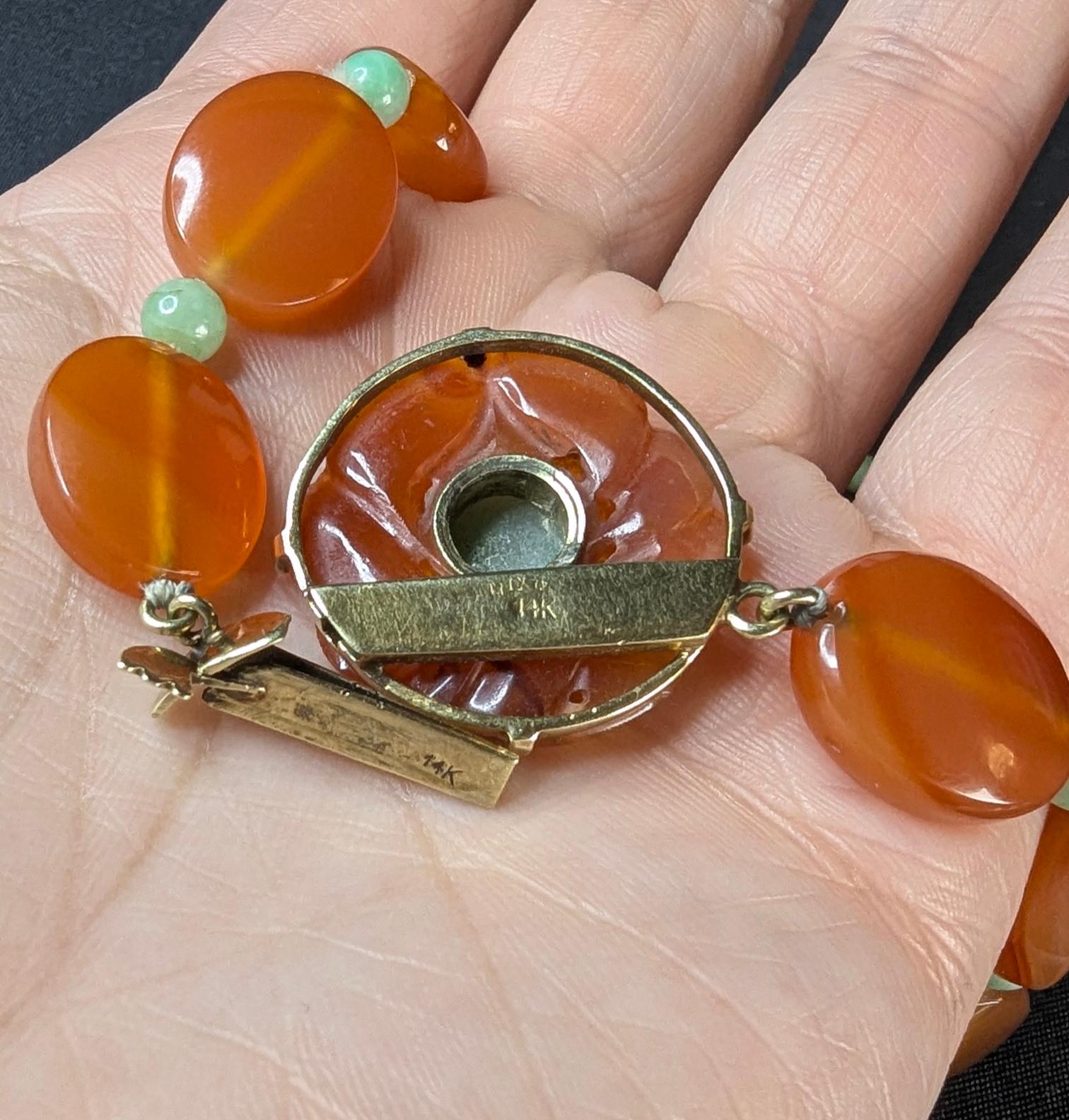Vintage Carnelian, Jade, & 14k Gold Necklace, Estate Statement Choker