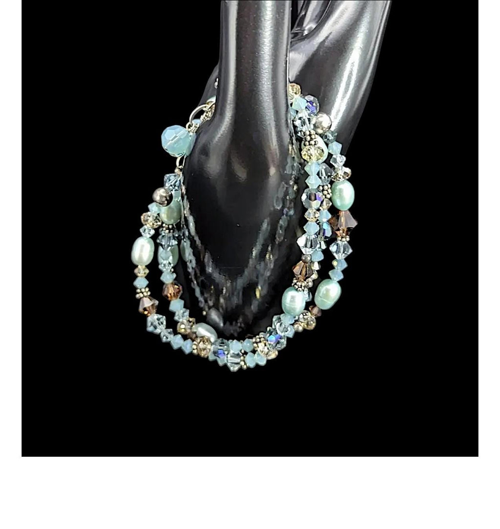 Boho Freshwater Pearl, Austrian Crystal, & Sterling Silver beaded bracelet
