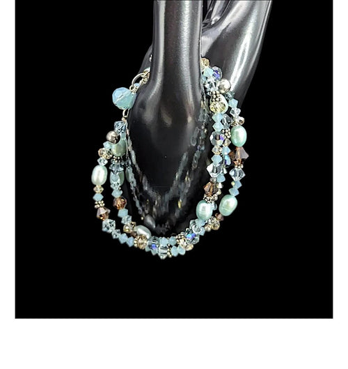 Boho Freshwater Pearl, Austrian Crystal, & Sterling Silver beaded bracelet