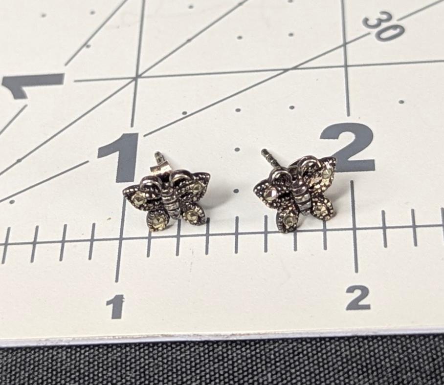 Vintage Marcasite Butterfly Stud Earrings: 925 Sterling Silver
