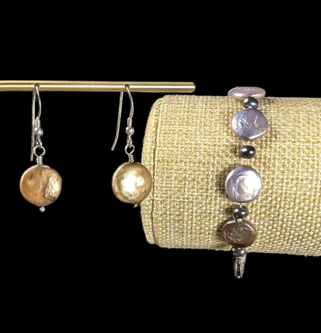 Vintage Sterling Silver Coin Pearl Bracelet and Earrings Curated Set