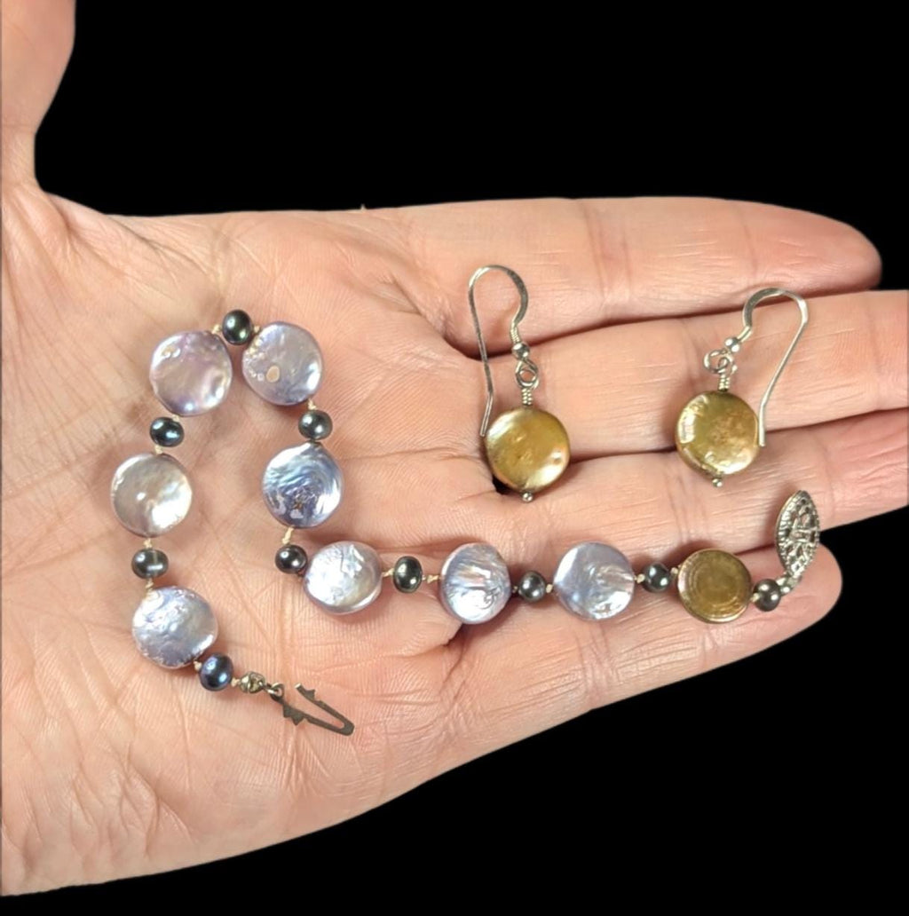 Vintage Sterling Silver Coin Pearl Bracelet and Earrings Curated Set
