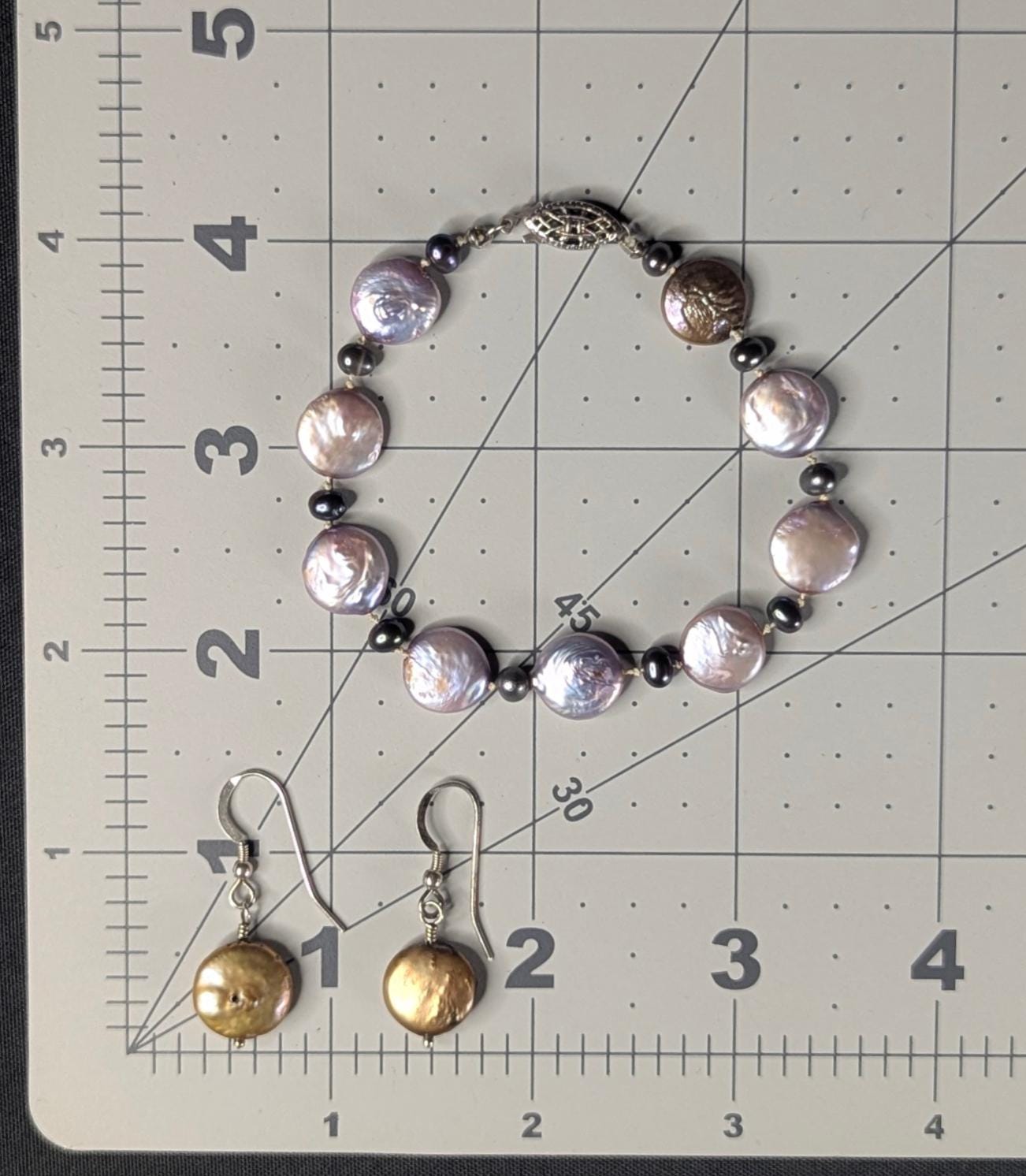 Vintage Sterling Silver Coin Pearl Bracelet and Earrings Curated Set