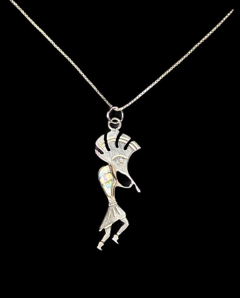 Vintage Sterling Silver Kokopelli Opal Inlay Pendant Necklace 18" Chain