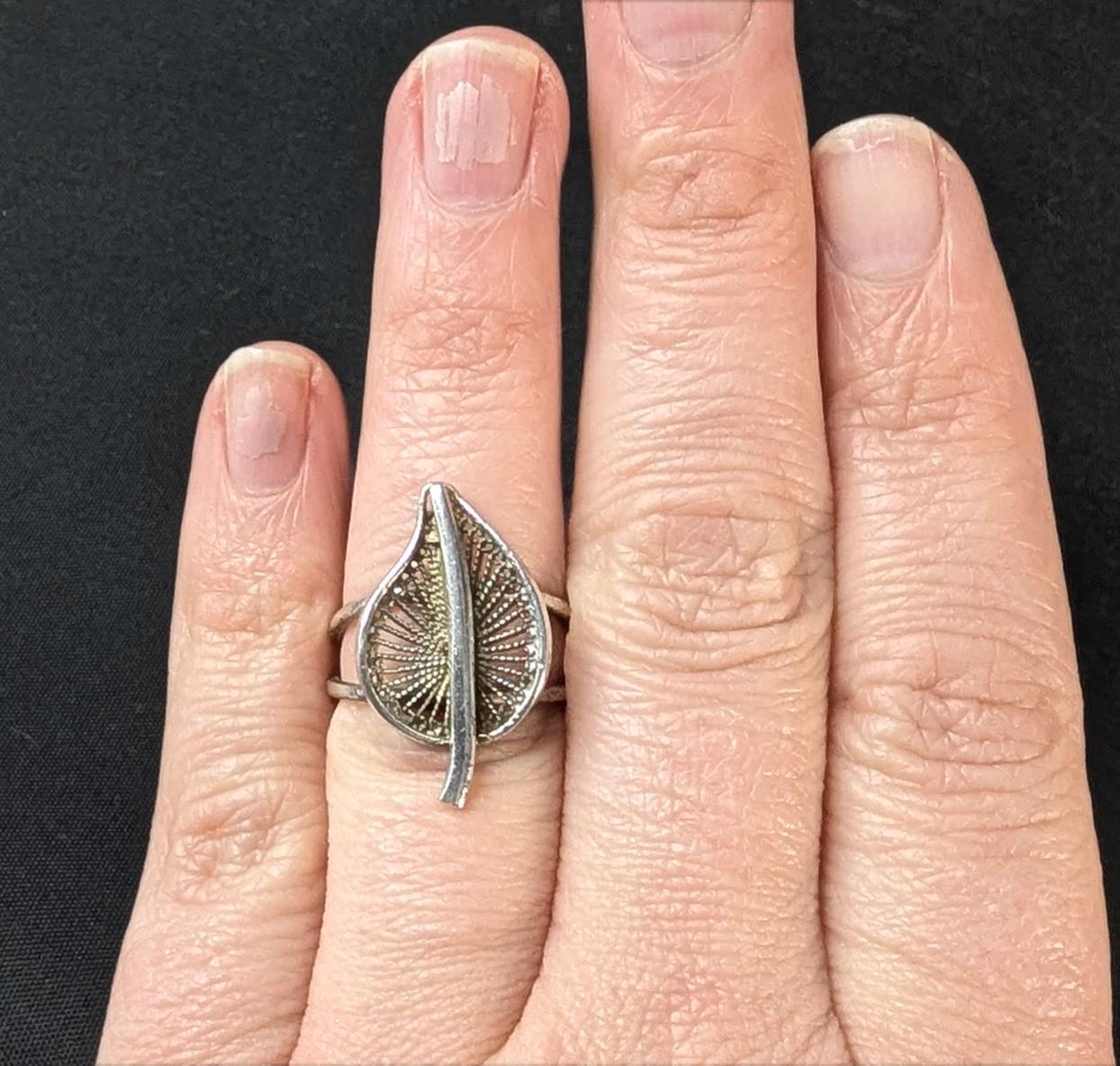 Vintage Filigree Poplar Leaf Ring: Handmade 925 Sterling Silver, Size 6.75-7