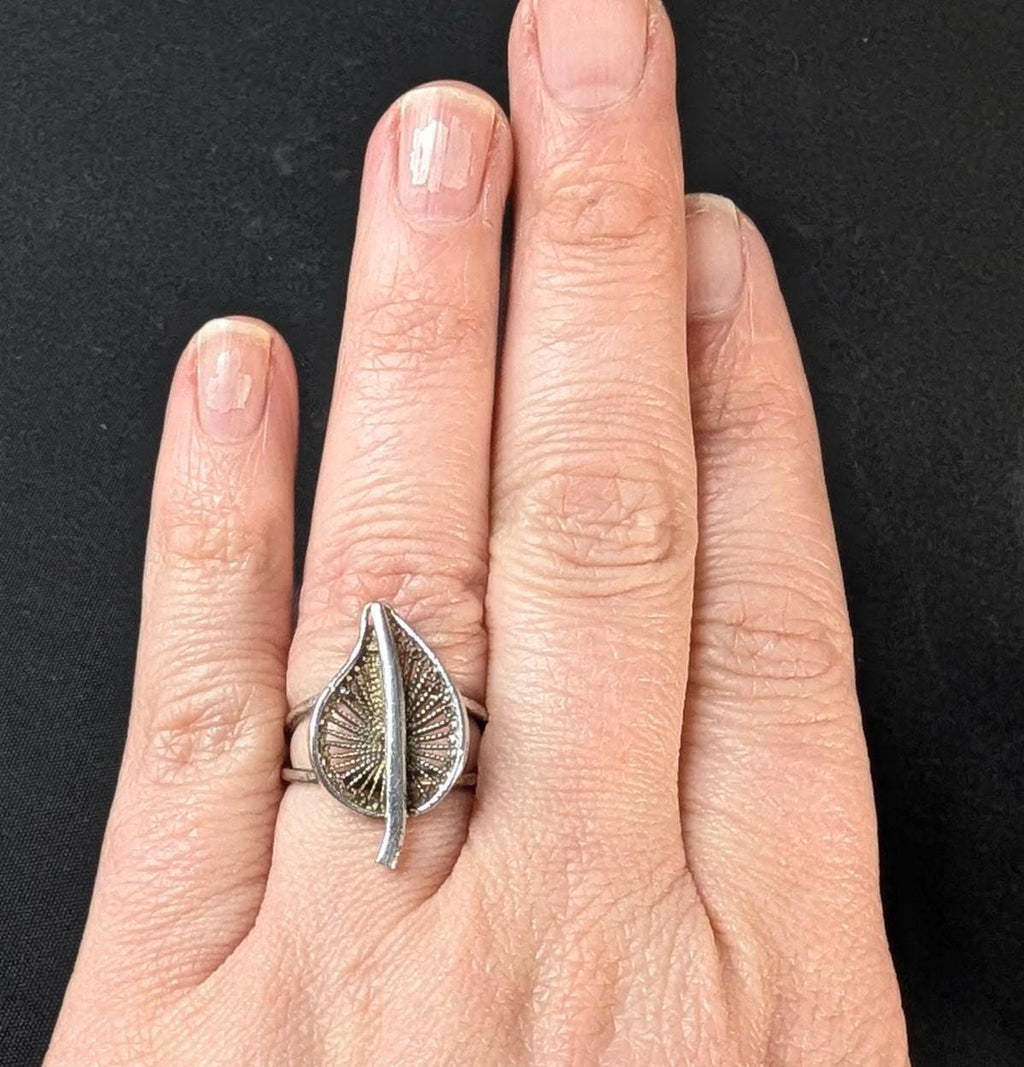 Vintage Filigree Poplar Leaf Ring: Handmade 925 Sterling Silver, Size 6.75-7