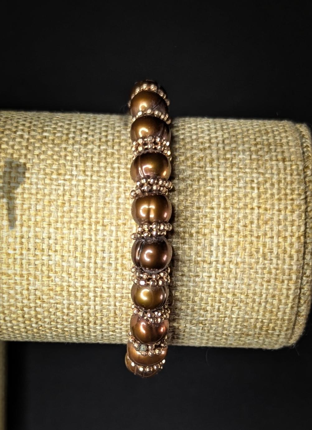 Vintage Honora Bronze Freshwater Pearl and Gold Tone Beaded Bracelet