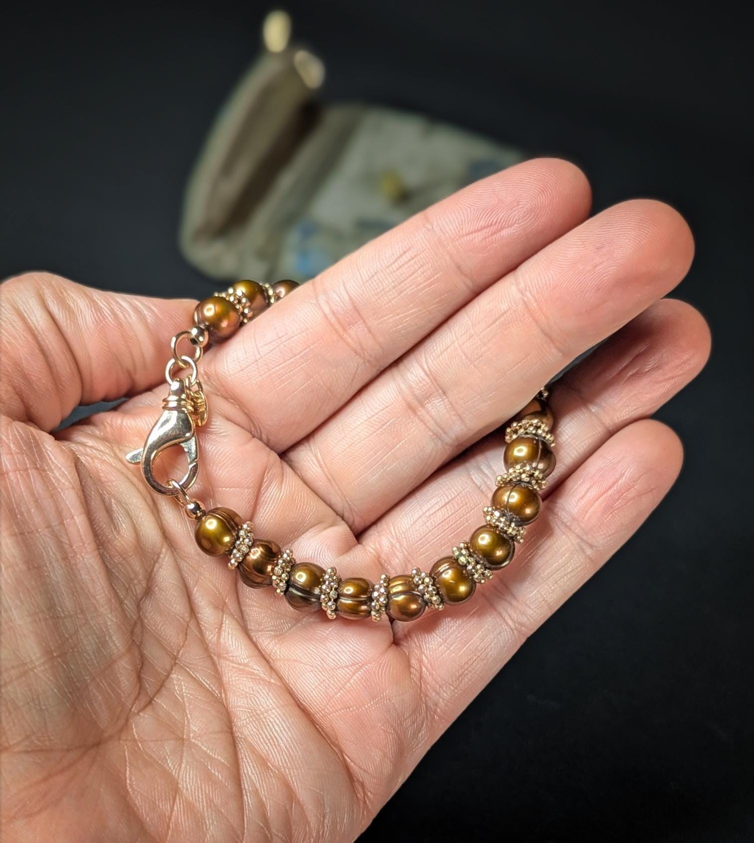 Vintage Honora Bronze Freshwater Pearl and Gold Tone Beaded Bracelet