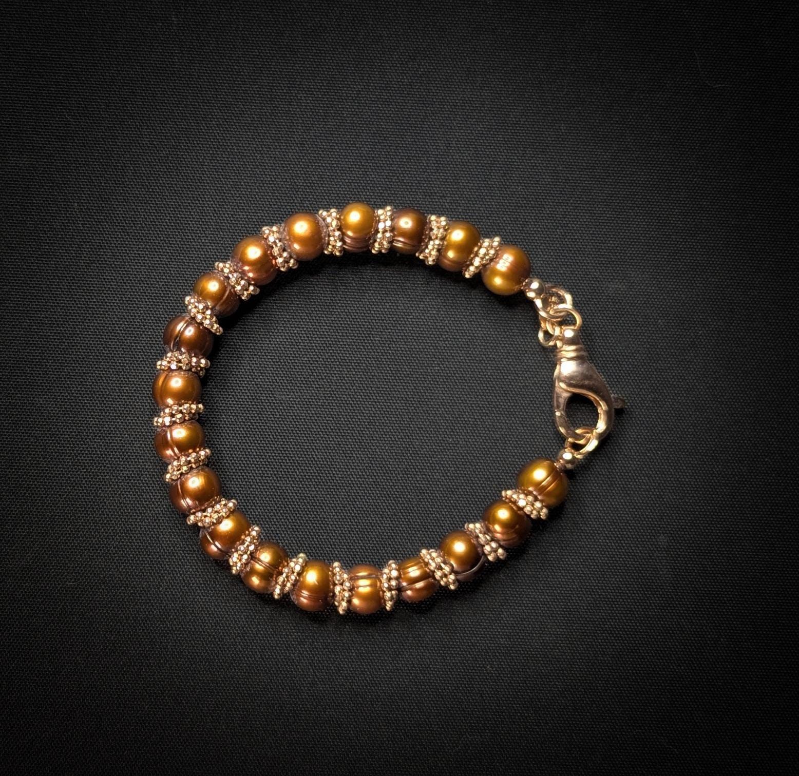 Vintage Honora Bronze Freshwater Pearl and Gold Tone Beaded Bracelet