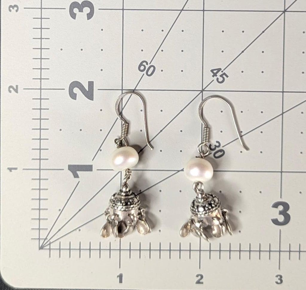 Vintage Freshwater Pearl and Sterling Silver Jhumka Dangle Earrings - 1.8" drop length