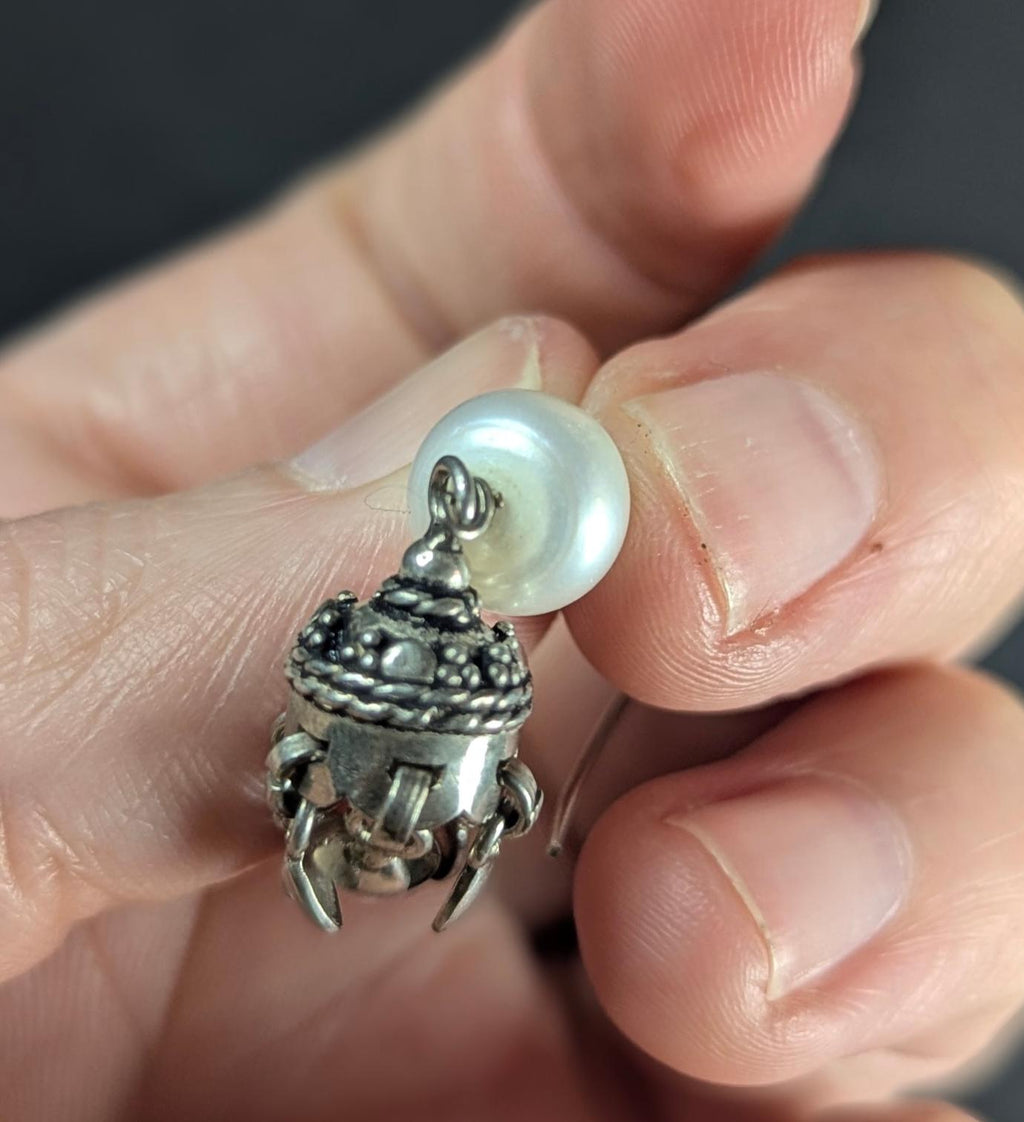 Vintage Freshwater Pearl and Sterling Silver Jhumka Dangle Earrings - 1.8" drop length