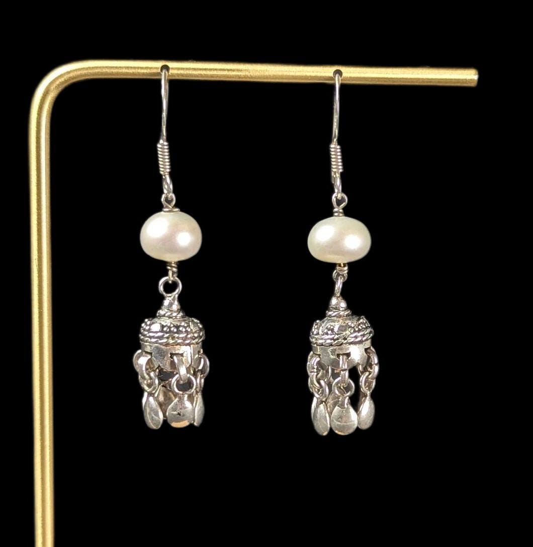 Vintage Freshwater Pearl and Sterling Silver Jhumka Dangle Earrings - 1.8" drop length