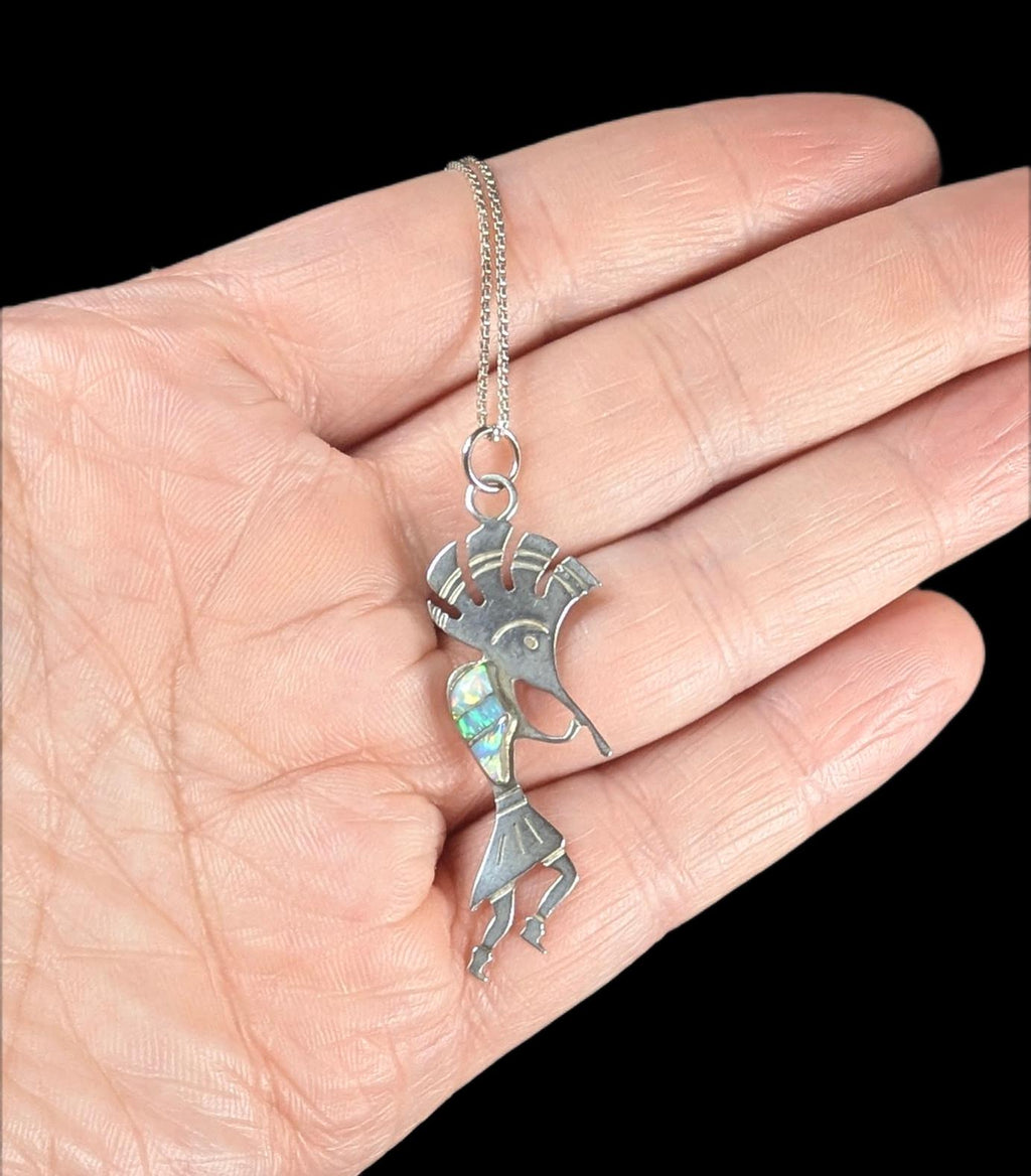 Vintage Sterling Silver Kokopelli Opal Inlay Pendant Necklace 18" Chain