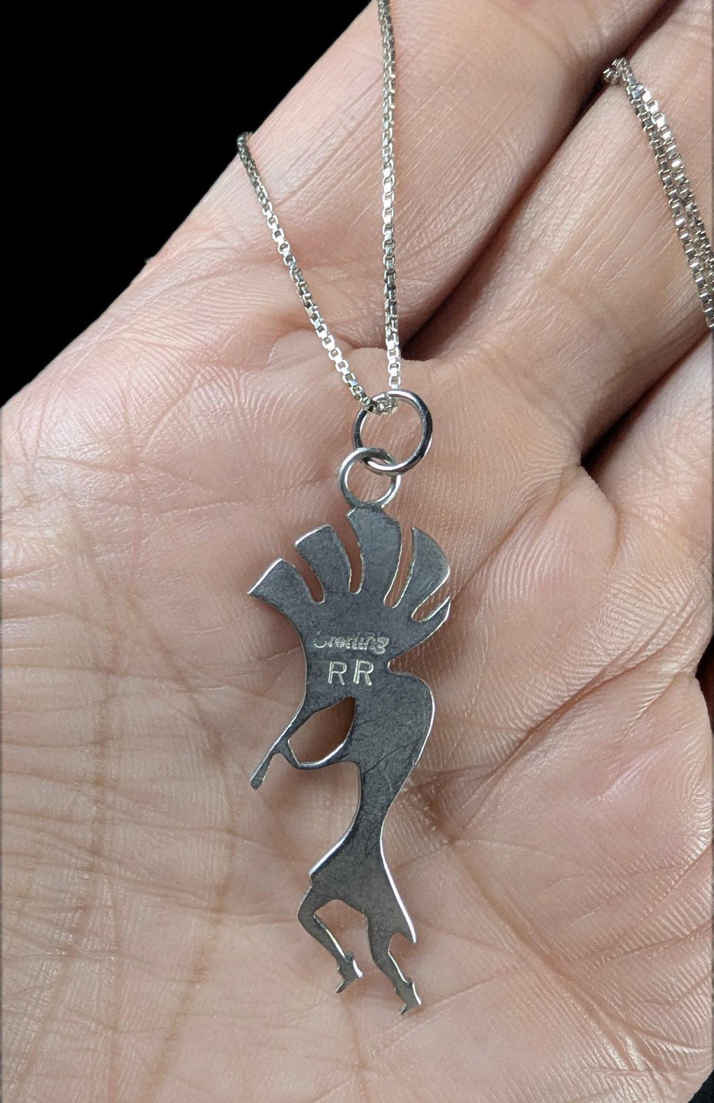 Vintage Sterling Silver Kokopelli Opal Inlay Pendant Necklace 18" Chain