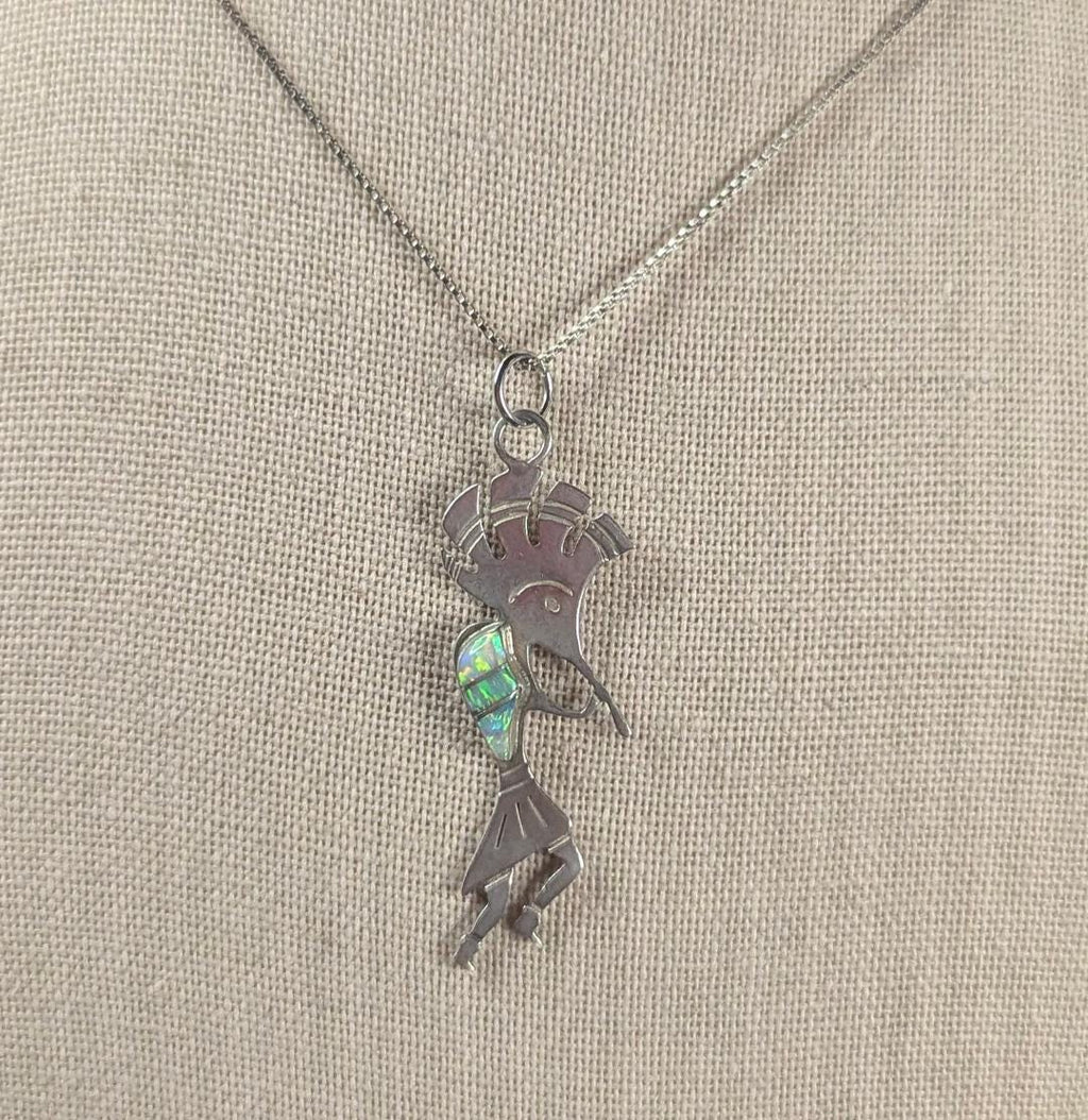 Vintage Sterling Silver Kokopelli Opal Inlay Pendant Necklace 18" Chain