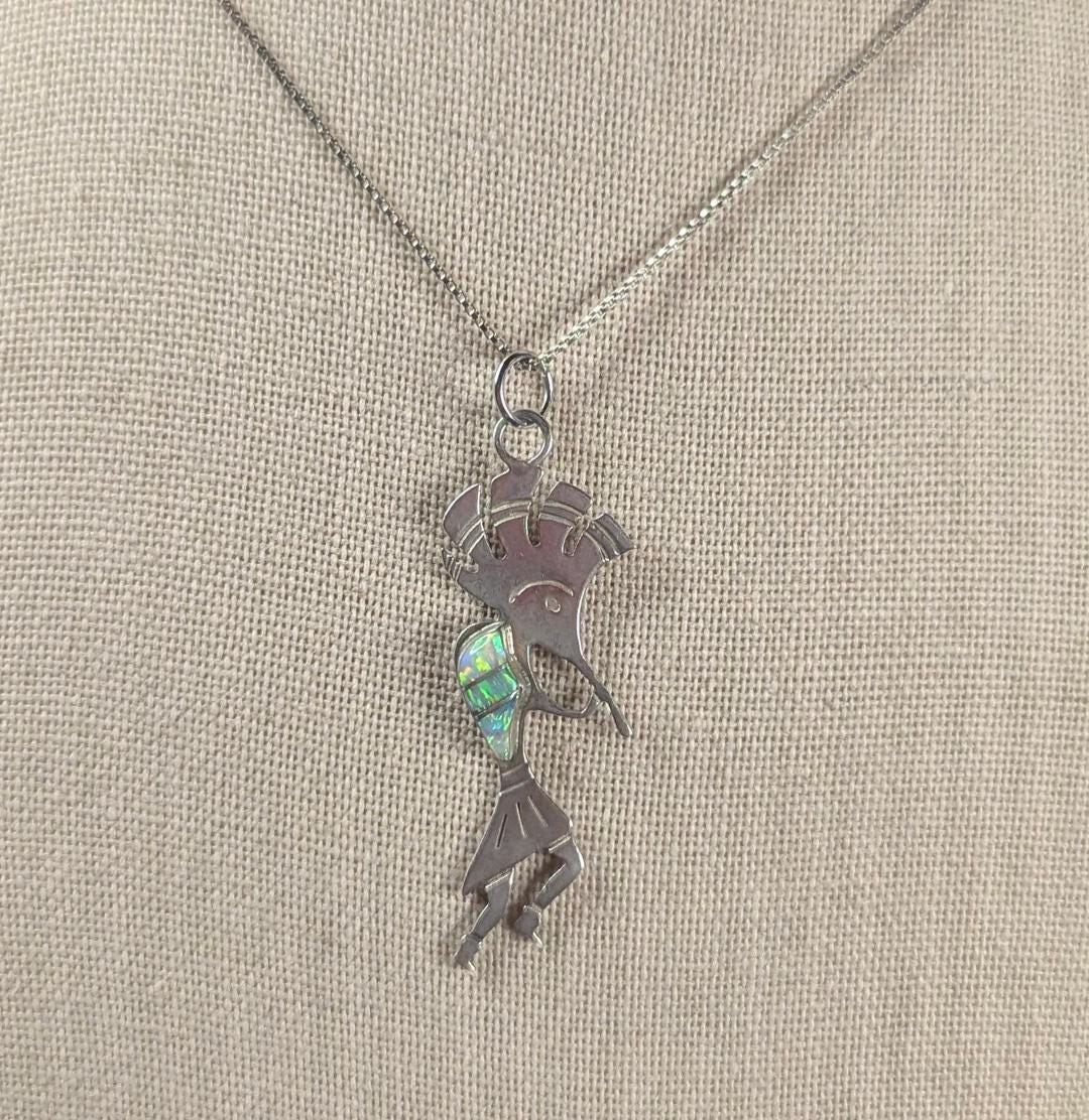 Vintage Sterling Silver Kokopelli Opal Inlay Pendant Necklace 18" Chain