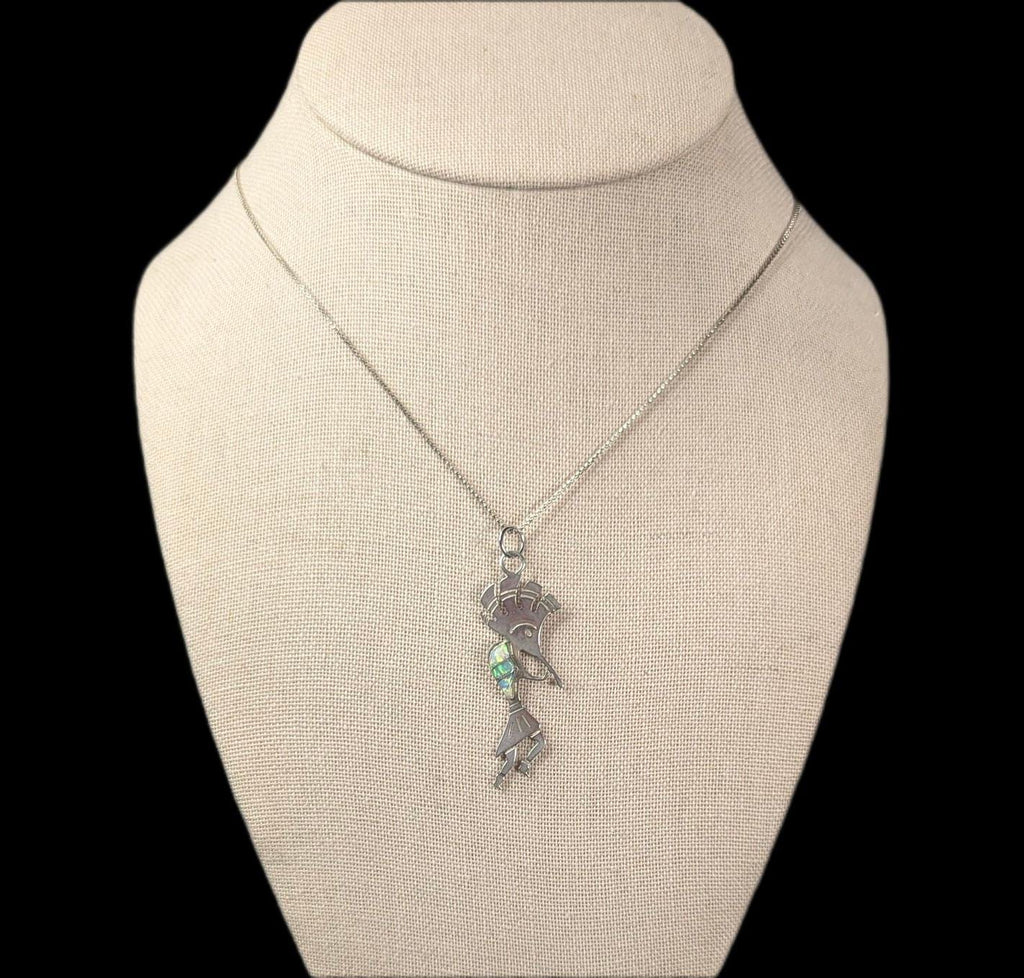Vintage Sterling Silver Kokopelli Opal Inlay Pendant Necklace 18" Chain