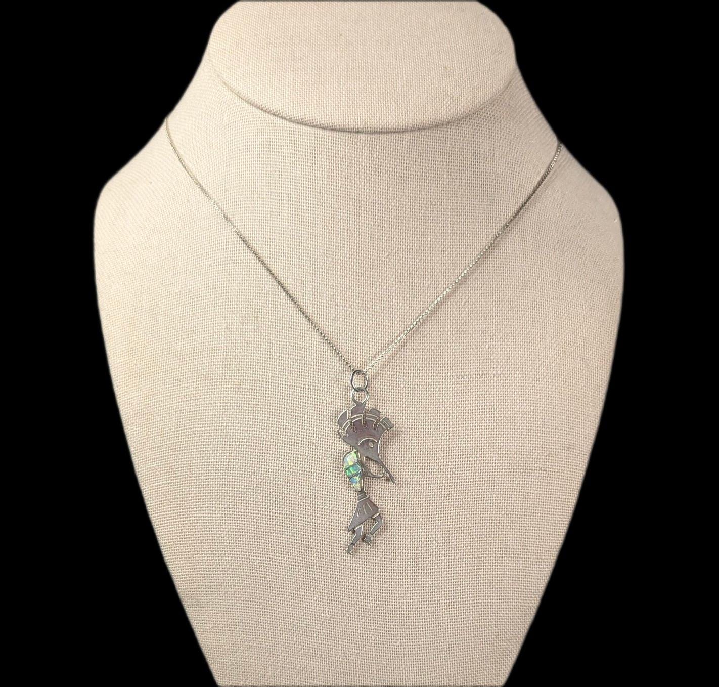 Vintage Sterling Silver Kokopelli Opal Inlay Pendant Necklace 18" Chain