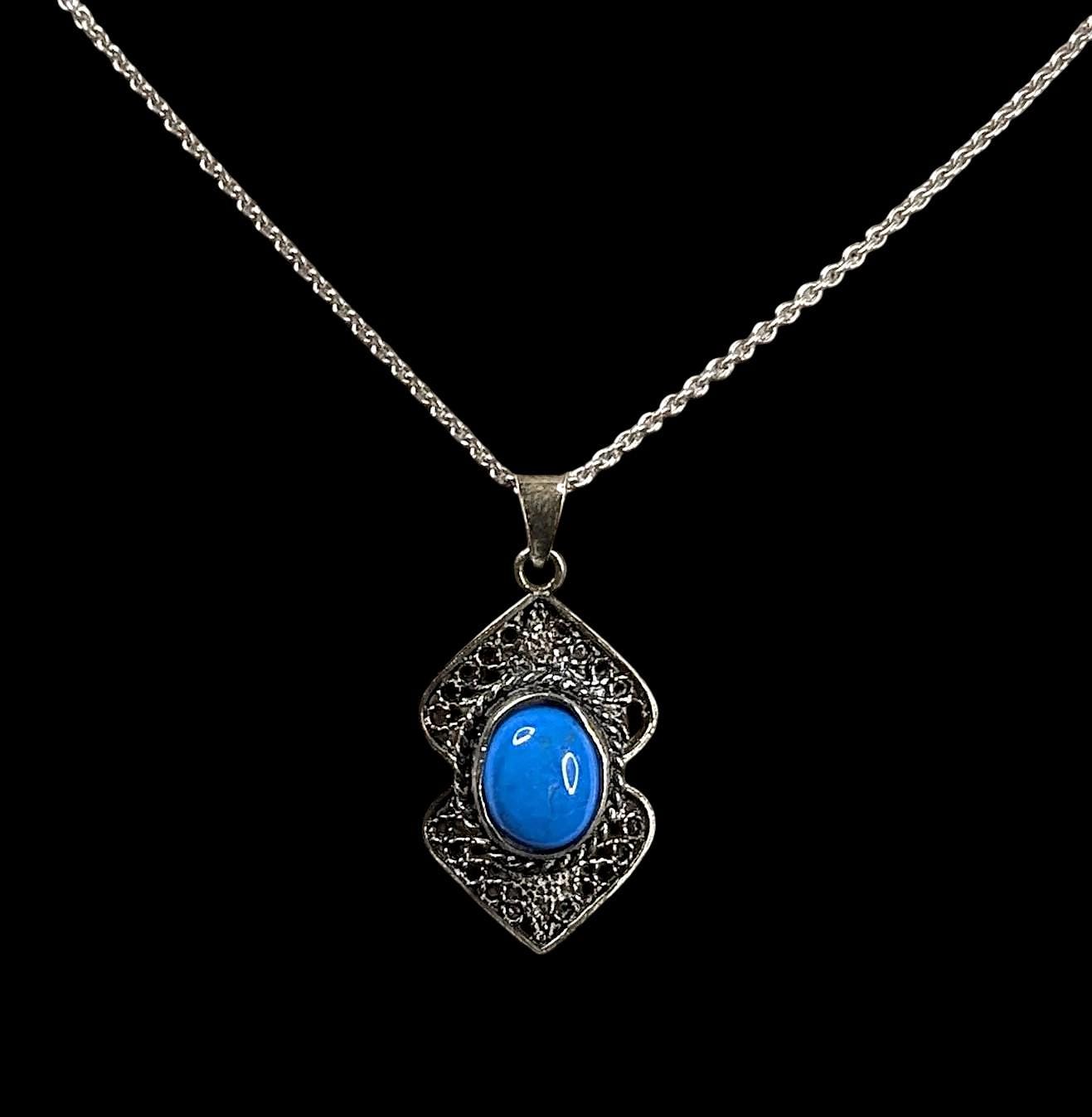 Vintage Sterling silver and Turquoise Filigree Pendant Necklace on "16 925 chain