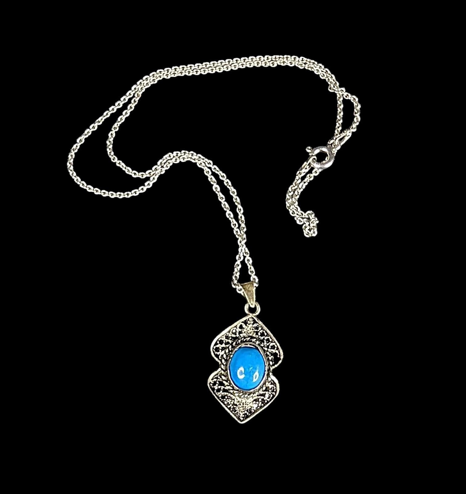 Vintage Sterling silver and Turquoise Filigree Pendant Necklace on "16 925 chain