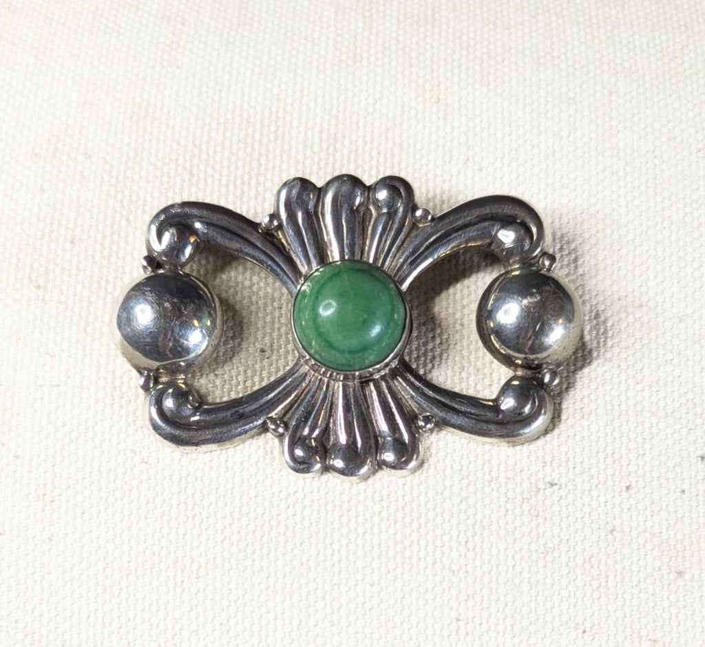 Vintage Mexico Sterling Silver and Green Malachite Cabochon Brooch