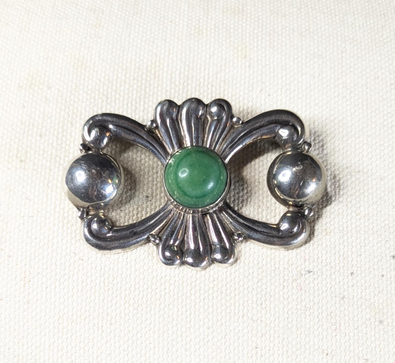 Vintage Mexico Sterling Silver and Green Malachite Cabochon Brooch