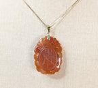 Vintage Carved Carnelian Pendant: Shou Longevity Symbol, Gold Over Sterling