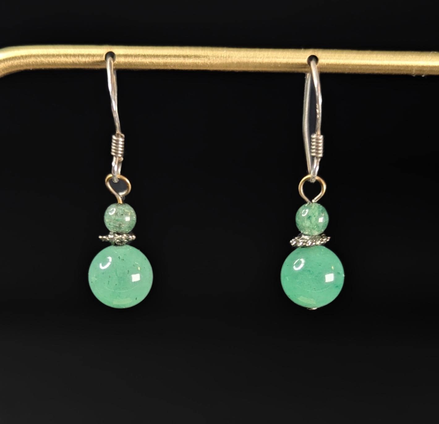Vintage Polished Green Aventurine and sterling silver drop earrings.