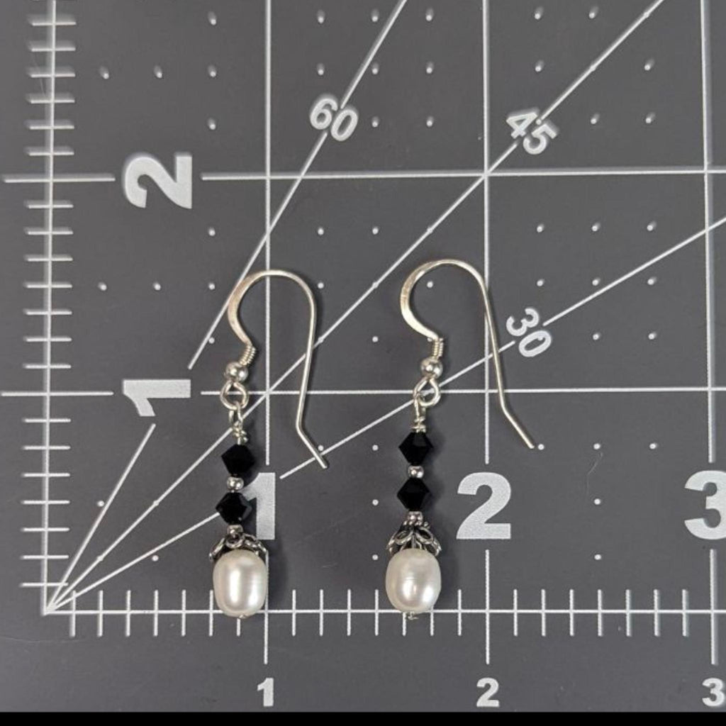 Vintage Freshwater Pearl Earrings in Sterling silver with black crystal accents