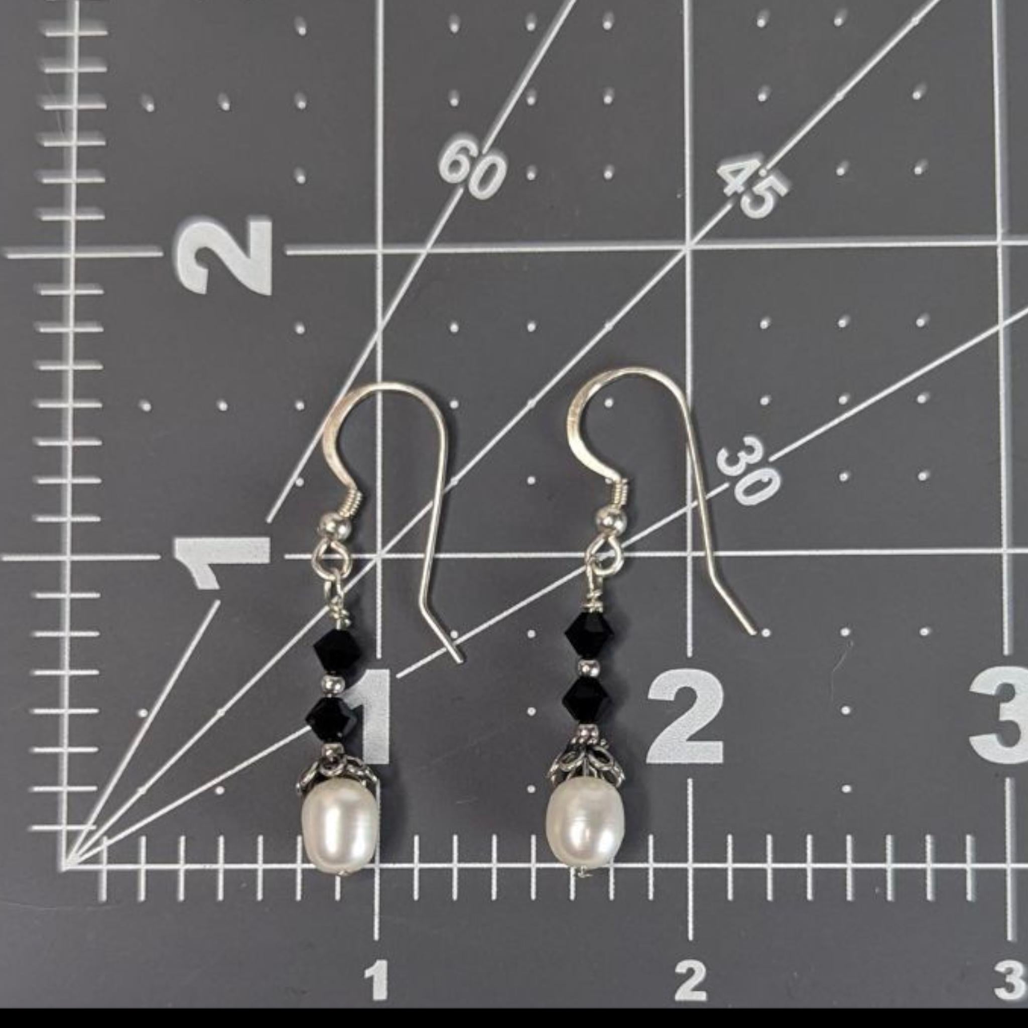 Vintage Freshwater Pearl Earrings in Sterling silver with black crystal accents