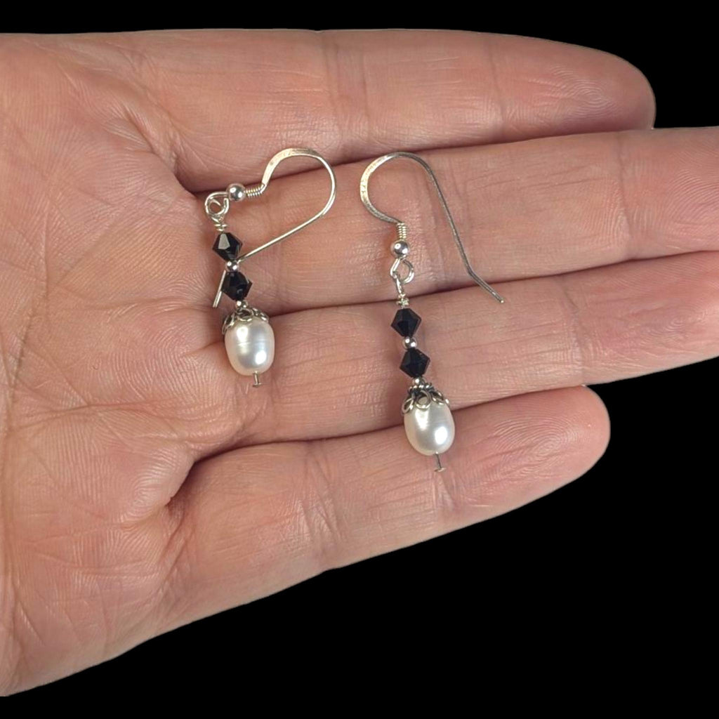 Vintage Freshwater Pearl Earrings in Sterling silver with black crystal accents