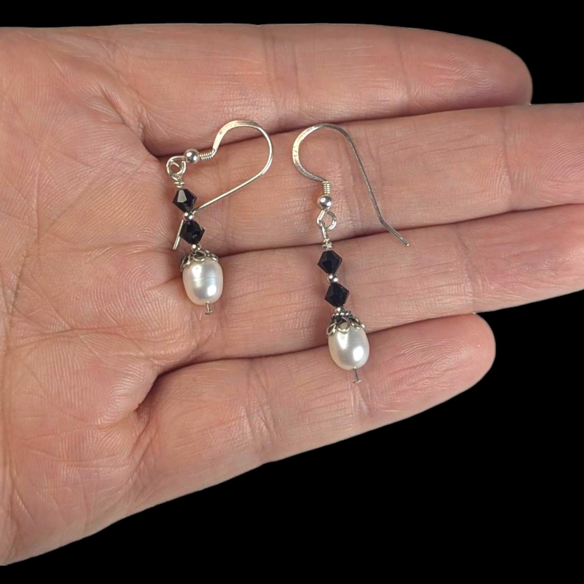 Vintage Freshwater Pearl Earrings in Sterling silver with black crystal accents