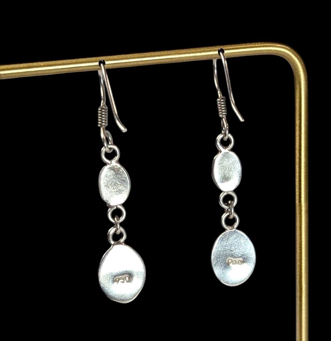 Vintage 950 Pure Sterling Dangle Earrings with Inset Blue and Orange Fire Opal