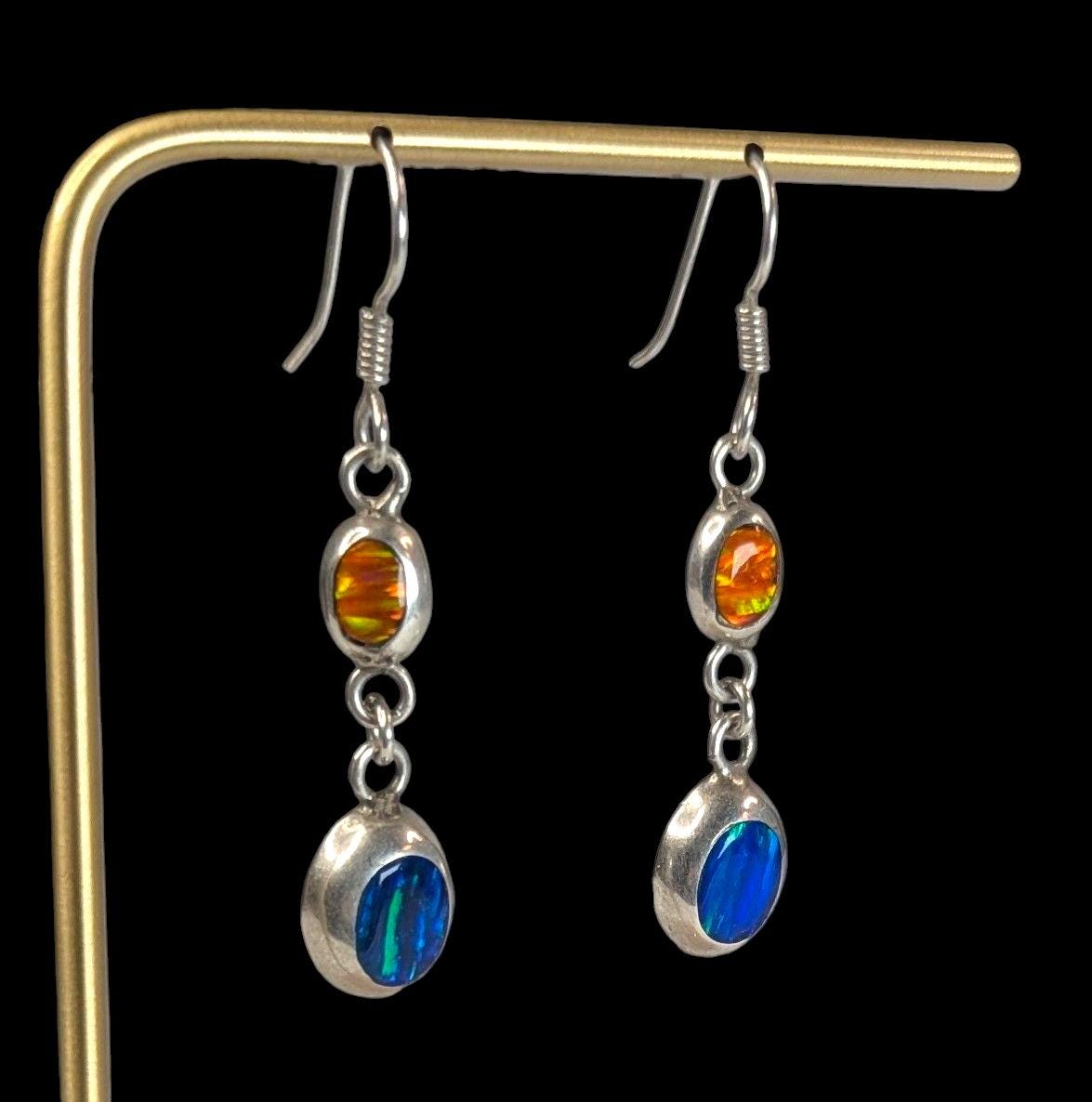 Vintage 950 Pure Sterling Dangle Earrings with Inset Blue and Orange Fire Opal