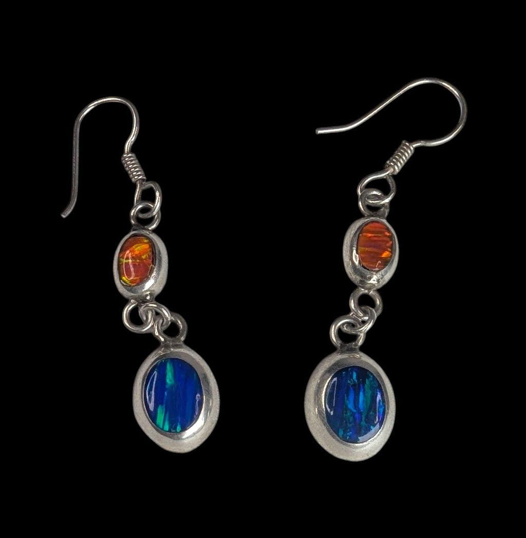 Vintage 950 Pure Sterling Dangle Earrings with Inset Blue and Orange Fire Opal
