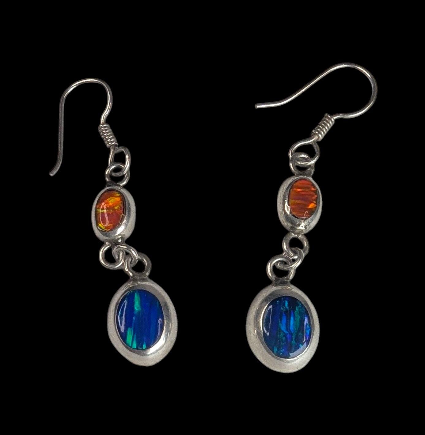 Vintage 950 Pure Sterling Dangle Earrings with Inset Blue and Orange Fire Opal
