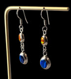 Vintage 950 Pure Sterling Dangle Earrings with Inset Blue and Orange Fire Opal